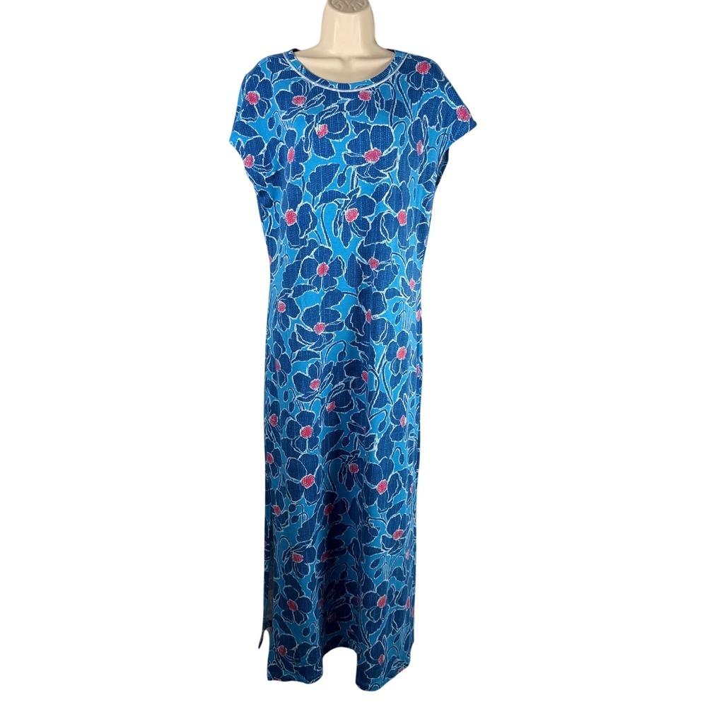 Hatley Blue Floral Maxi Dress Medium Short Sleeve Side Slit Cotton Modal Casual